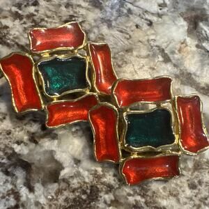 Vintage Avon Color Splash Gold Tone Red Green Clip Statement Earrings 80's 90's